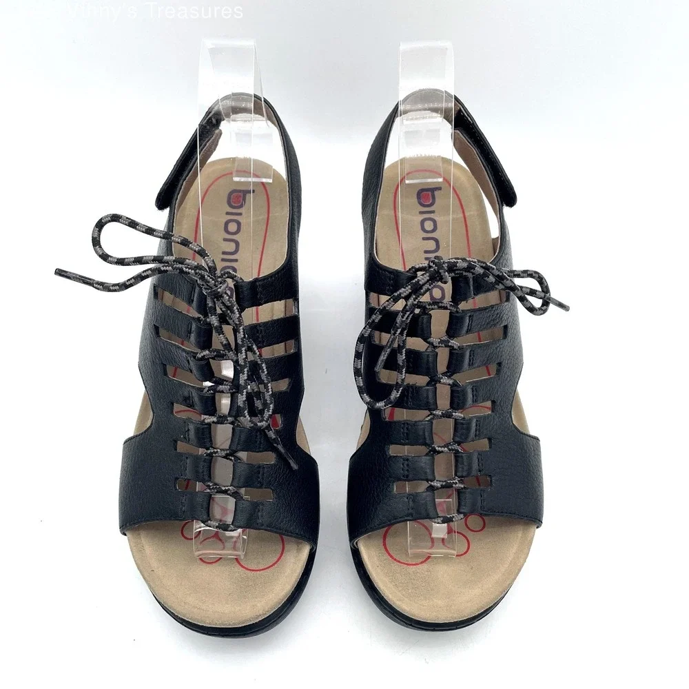 Bionica Balance Black Leather Wedge Sandals Womens 7.5M Comfort Lace Up Boho